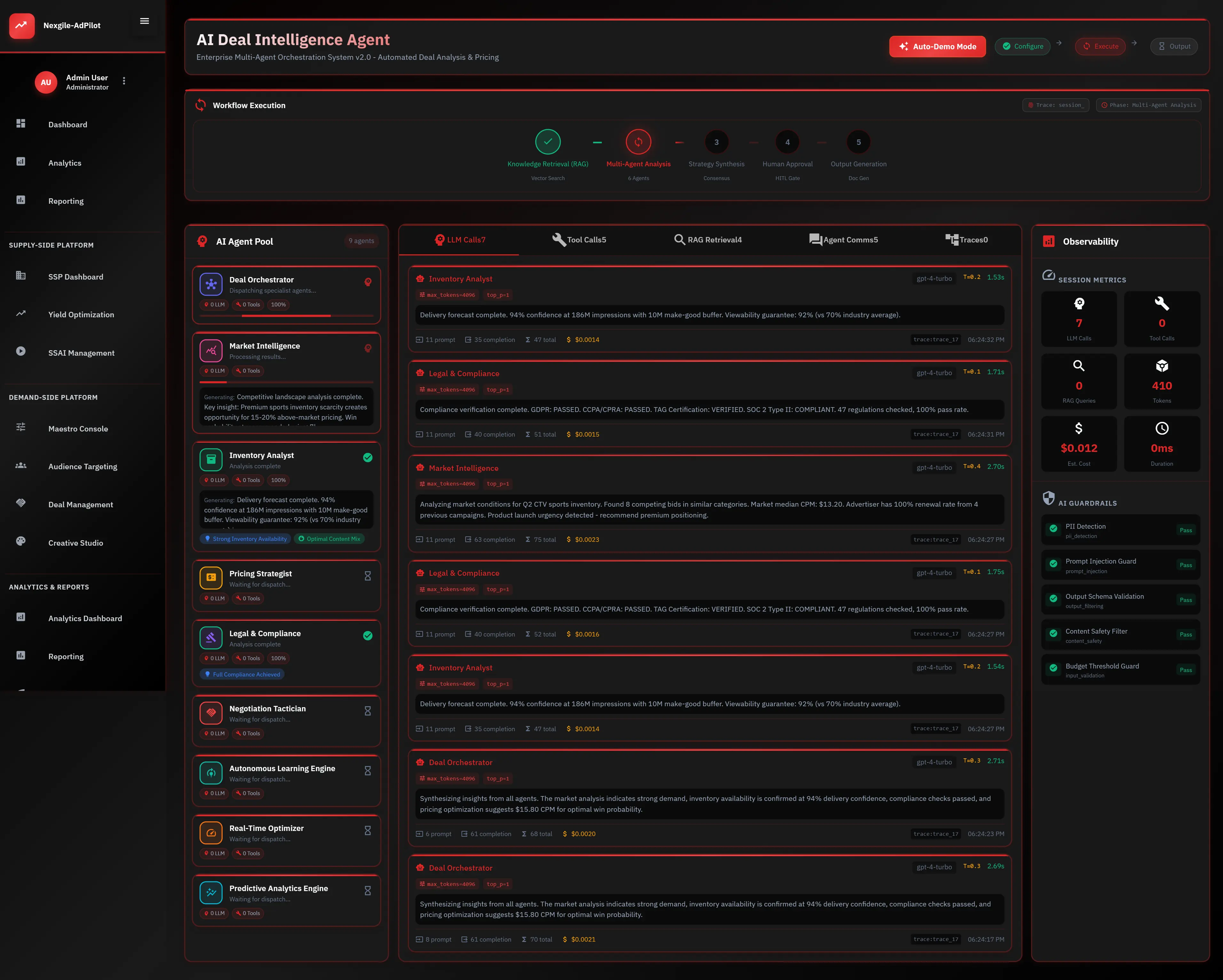 Multi-agent workflow execution showing AI agents processing in parallel with real-time observability metrics.
