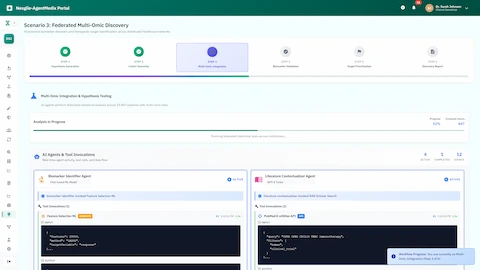 Multi-omic integration dashboard with AI agents performing federated statistical analysis and hypothesis testing in real-time
