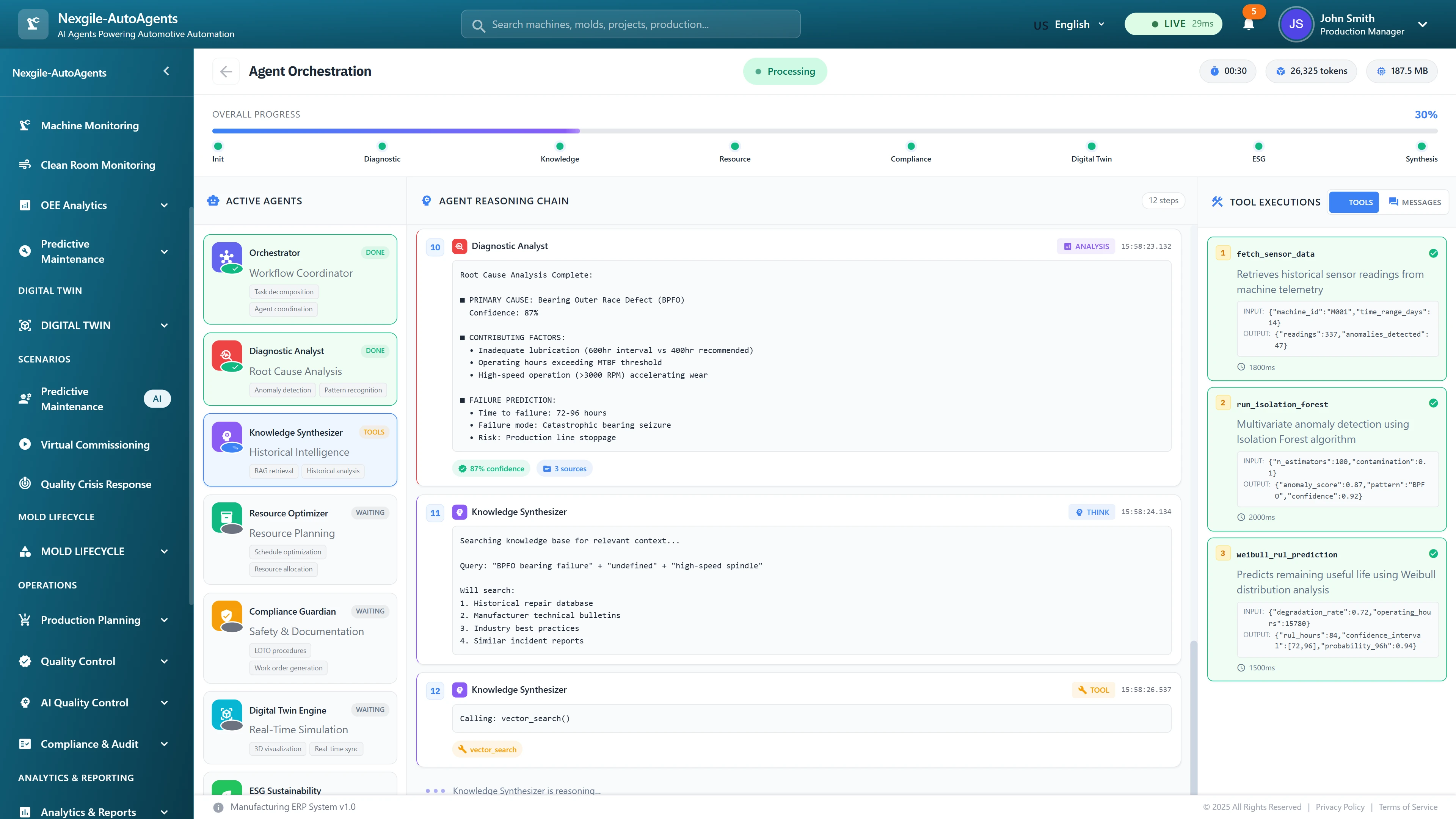 Real-time agent orchestration dashboard displaying parallel execution of 7 specialized agents with live reasoning chains, diagnostic analysis results, and tool execution monitoring for sensor data analysis and failure prediction