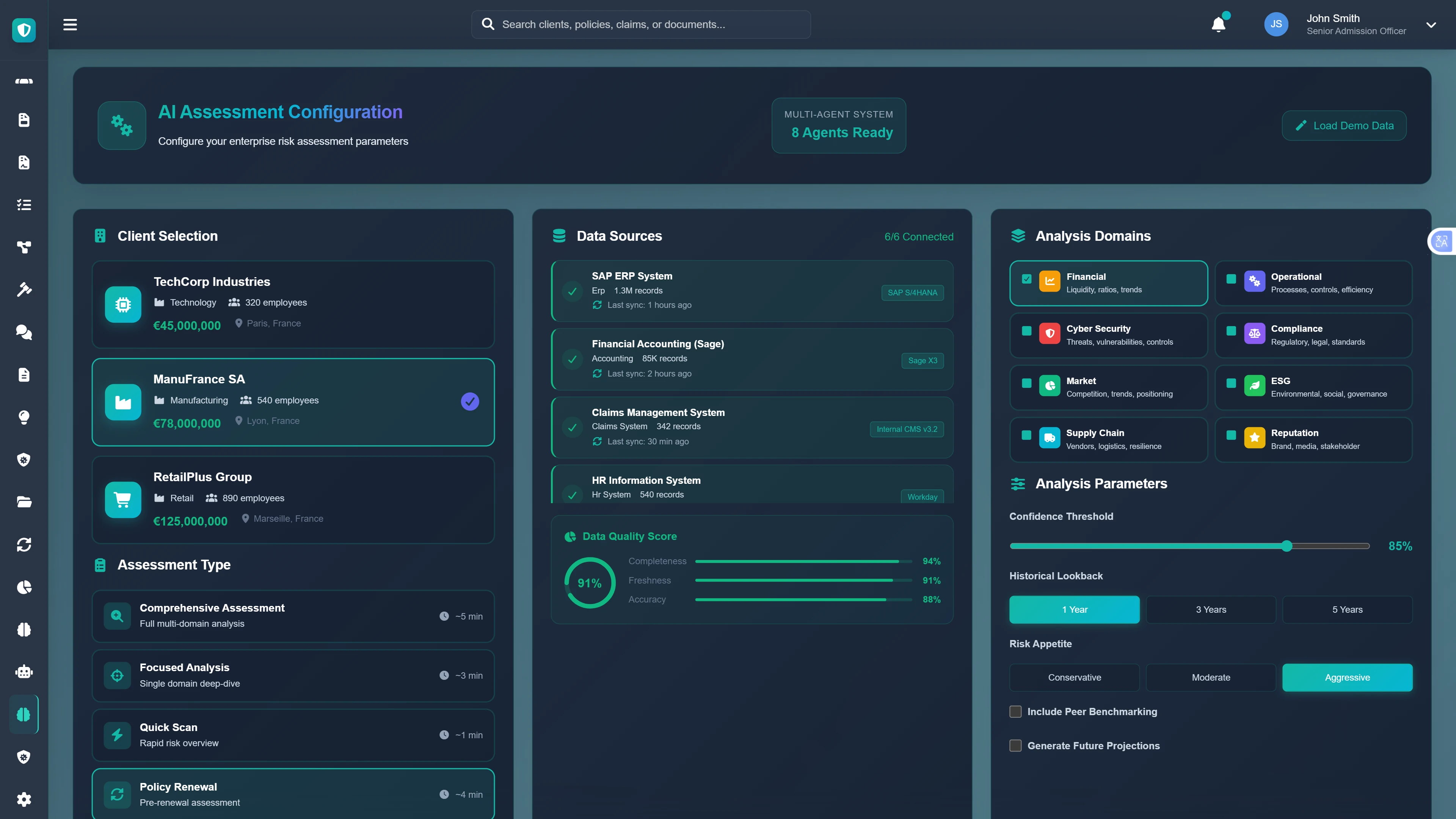 Risk Assessment Configuration - Client selection, data source integration, analysis domain setup, and assessment parameters