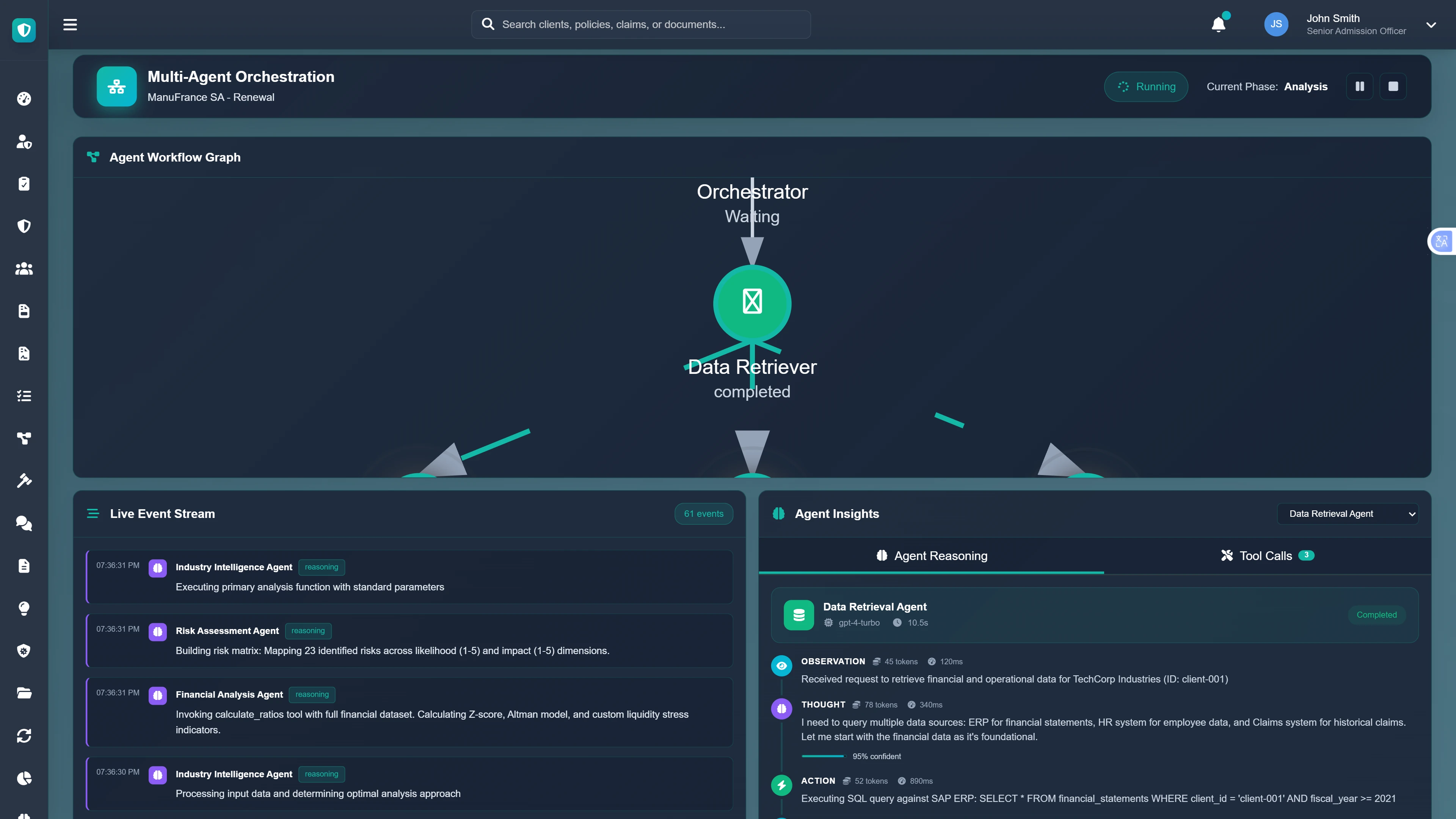 Multi-Agent Orchestration - Live workflow visualization showing parallel agent execution with real-time event stream and reasoning logs