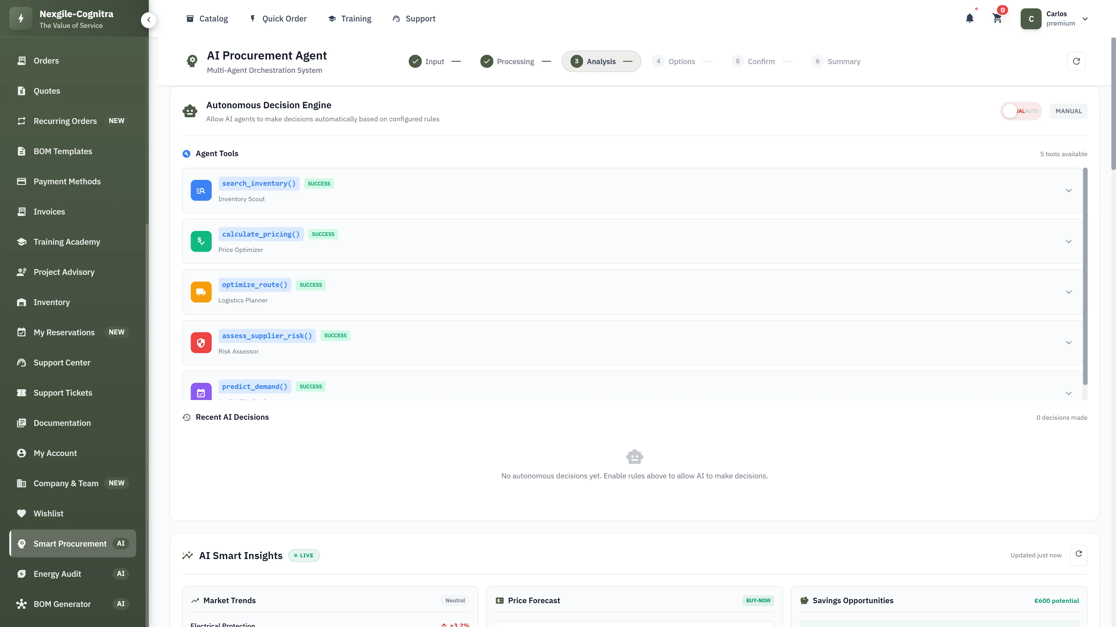 Autonomous decision engine with specialized agent tools and AI-powered smart insights