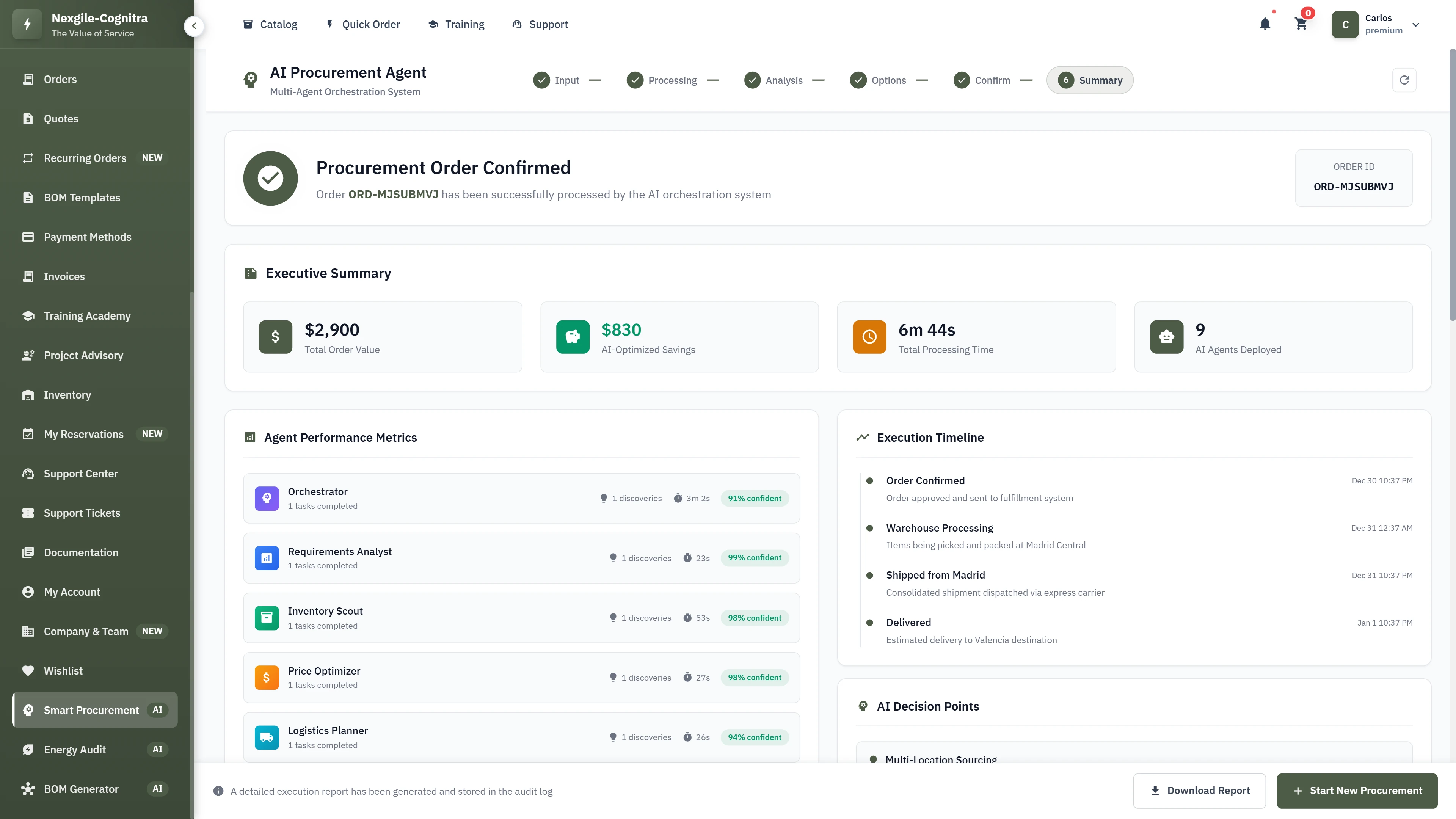 Procurement order confirmation with executive summary, agent performance metrics, and execution timeline
