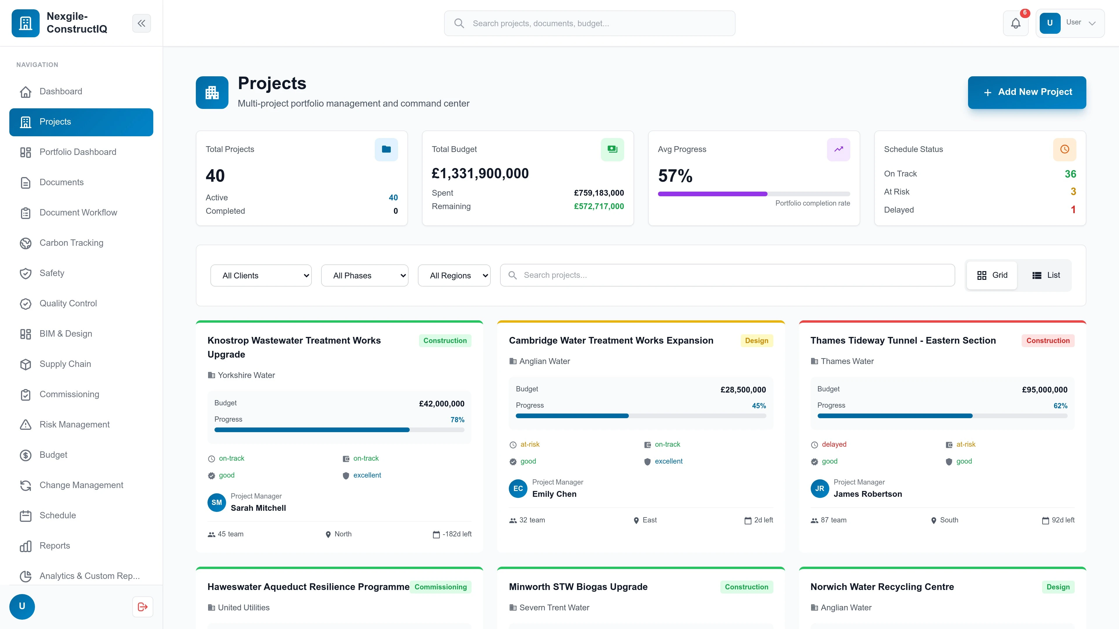 Projects page - Project Command Center dashboard