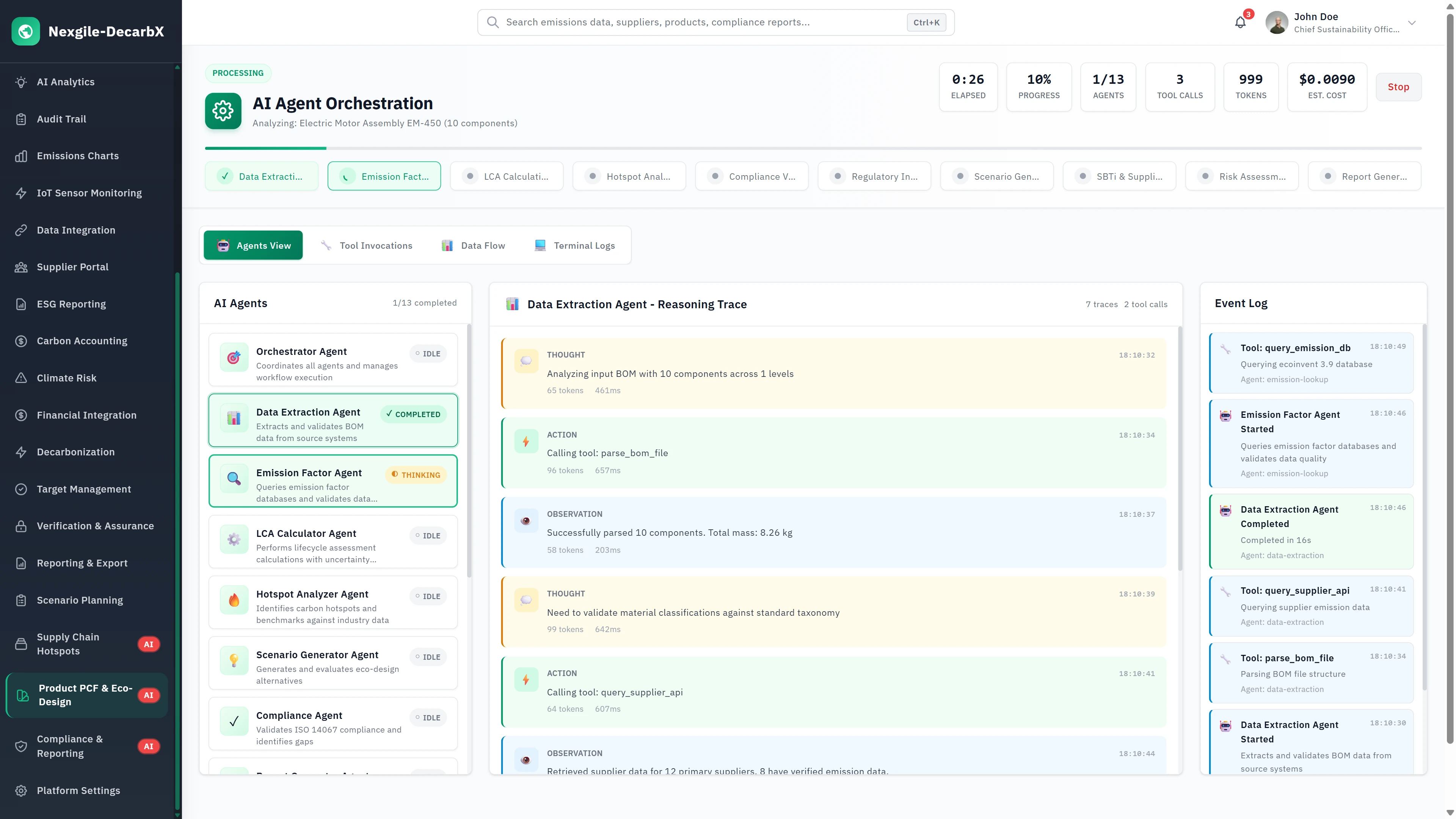 AI Agent Orchestration - Real-time execution view with Data Extraction Agent reasoning trace, agent status indicators, and event log tracking progress.