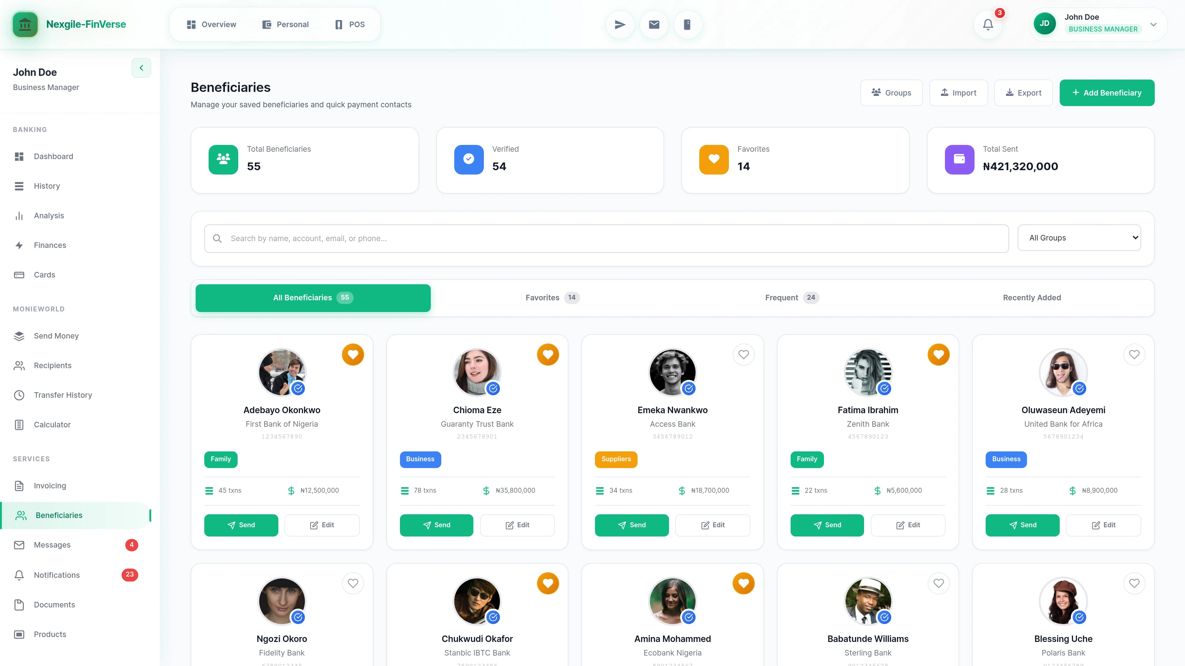 Beneficiaries management screen - Add and manage payment recipients