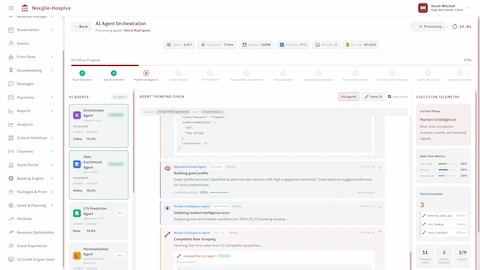 Multi-phase AI workflow execution showing agent pipeline, real-time thinking chain, and execution telemetry with system metrics