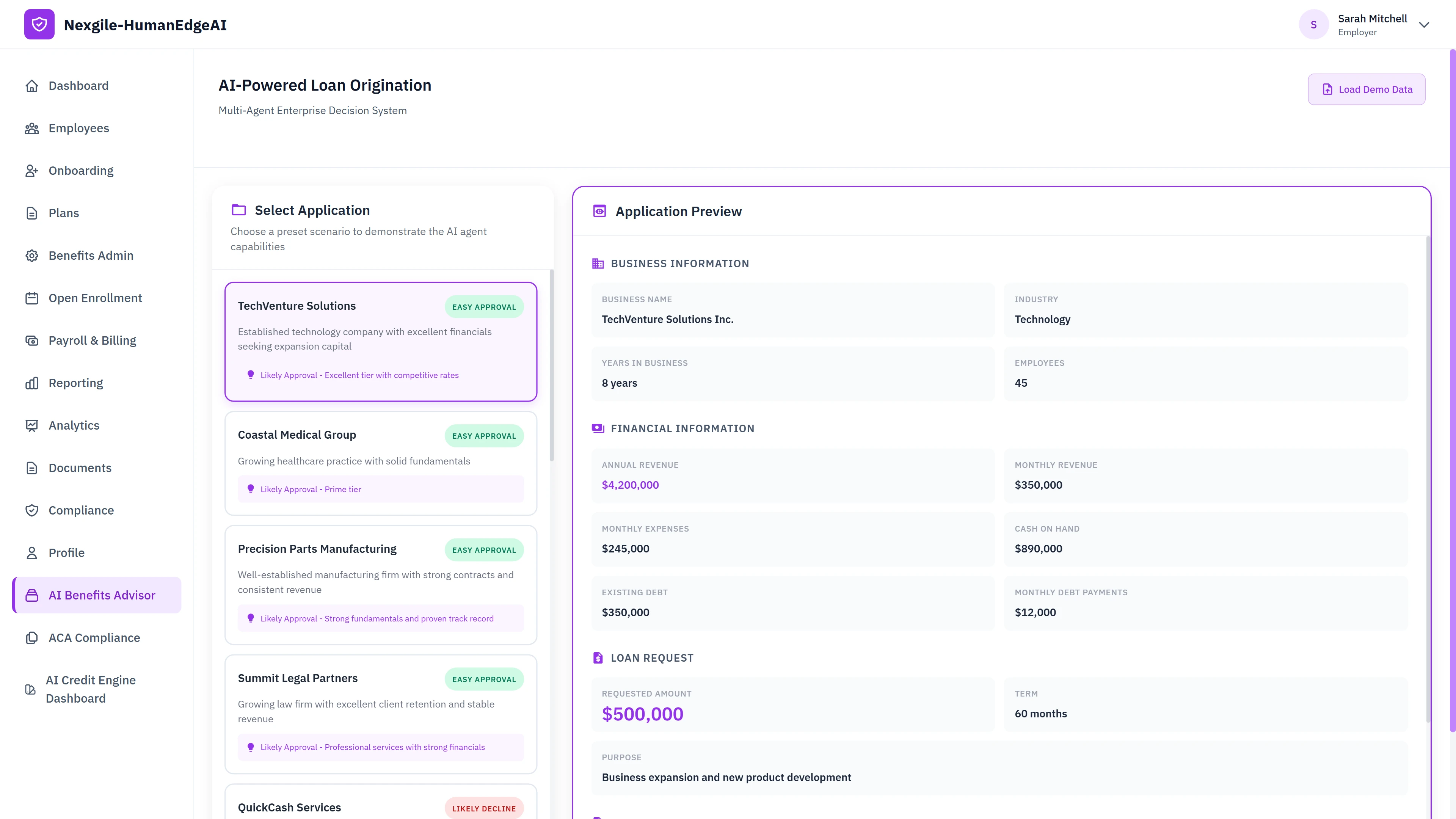 Application selection interface displaying preset business profiles with approval likelihood indicators, business information preview, financial details, and loan request parameters for the multi-agent enterprise decision system
