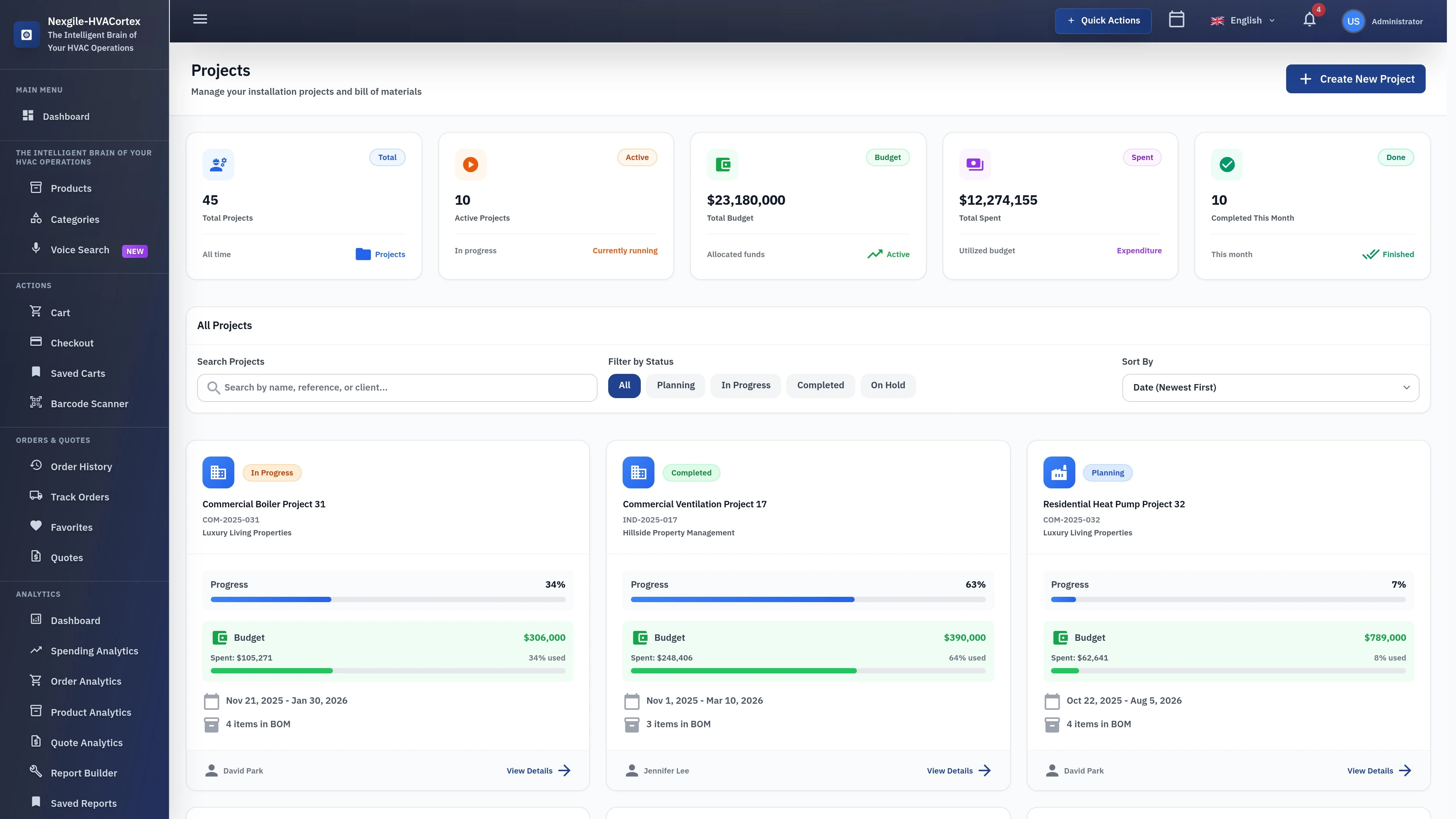 Projects Page - Comprehensive project management and tracking interface