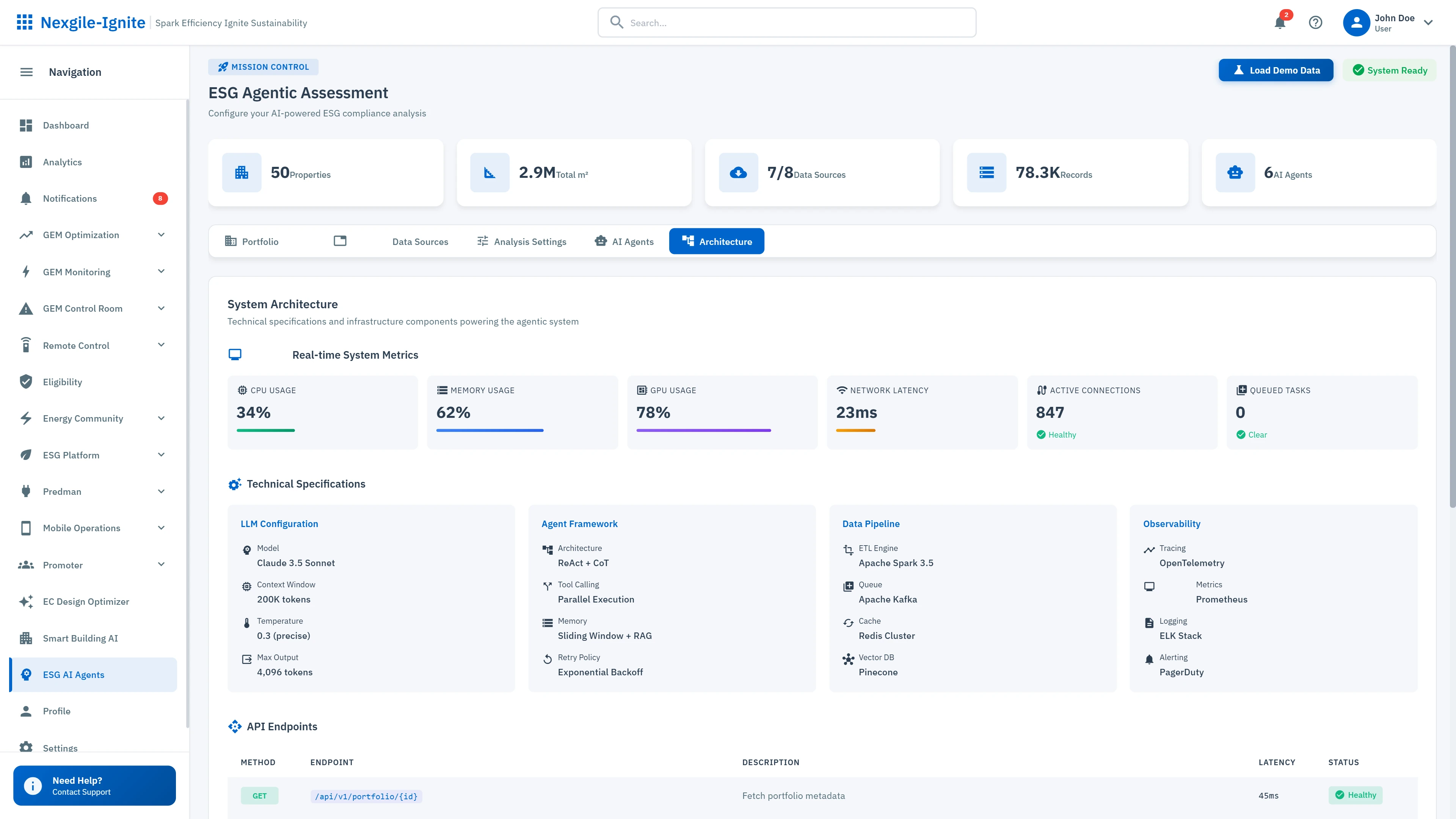 ESG Agentic Assessment Platform - System architecture with 6 AI agents, technical specifications, and real-time performance metrics