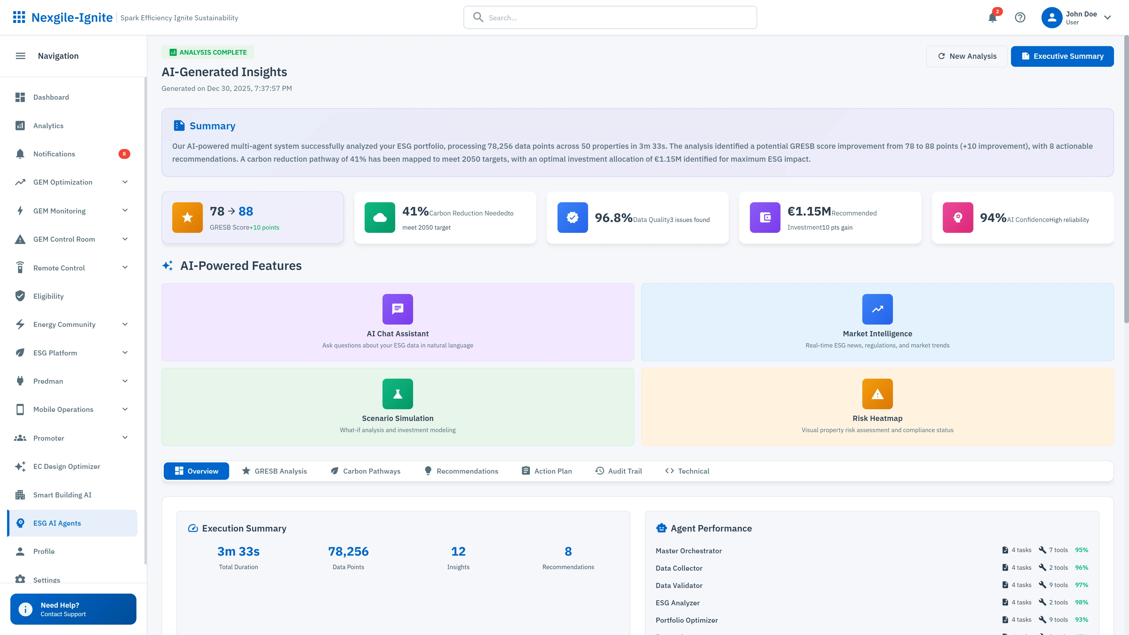 AI-Generated ESG Insights - Comprehensive analysis summary with property assessments, key metrics, and AI-powered feature recommendations