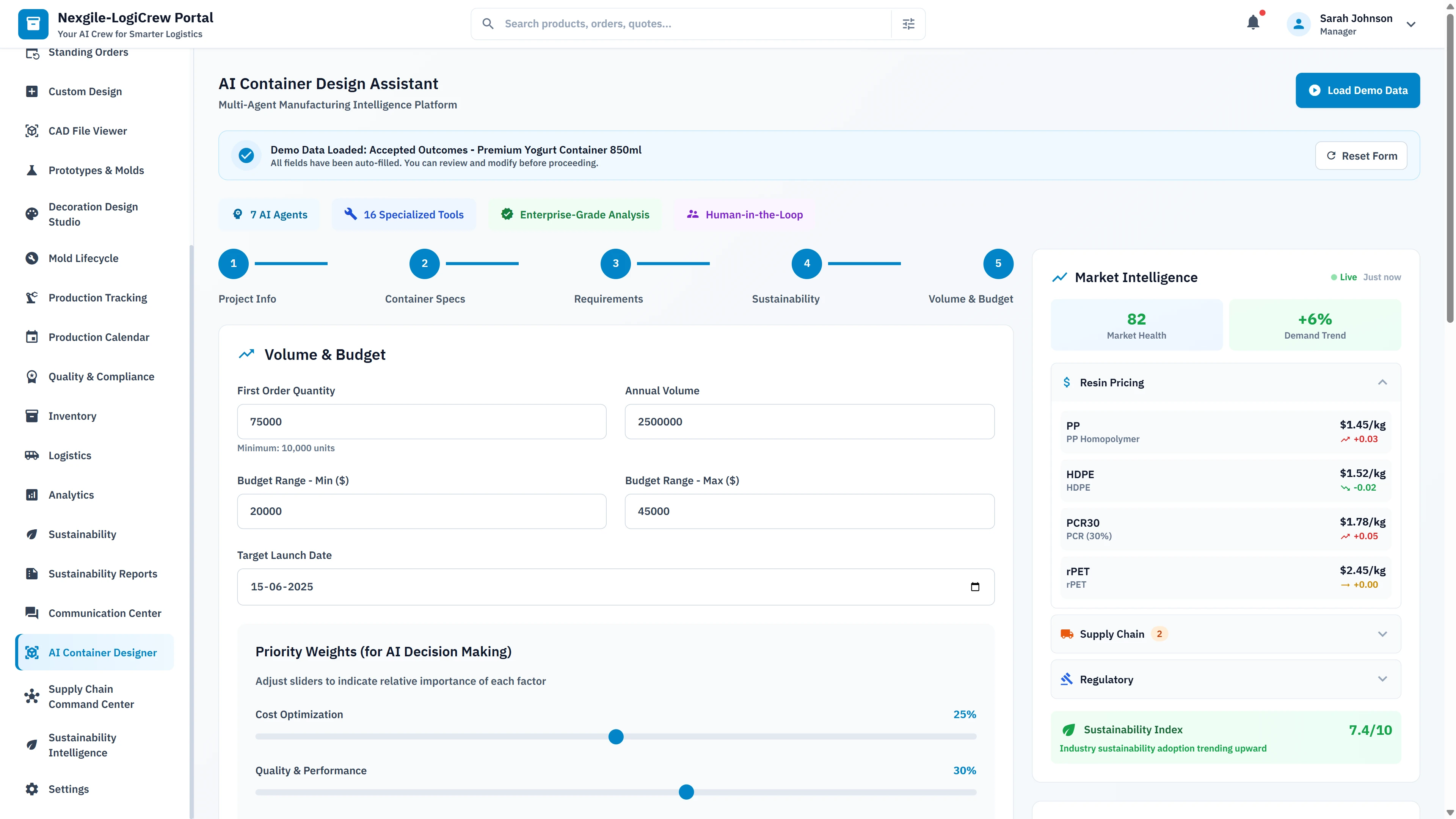 Design input wizard with volume & budget configuration, priority weights for AI decision making, and real-time market intelligence panel showing resin pricing and supply chain status