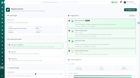 Mission Control setup interface for configuring AI agent fleet and orchestration mode for quality monitoring
