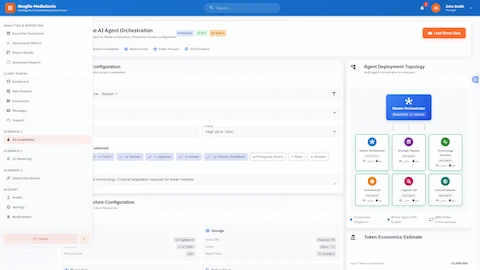 Configuration Interface: AI agent orchestration setup with multi-agent deployment topology, target language selection, and cloud infrastructure configuration for localization workflows