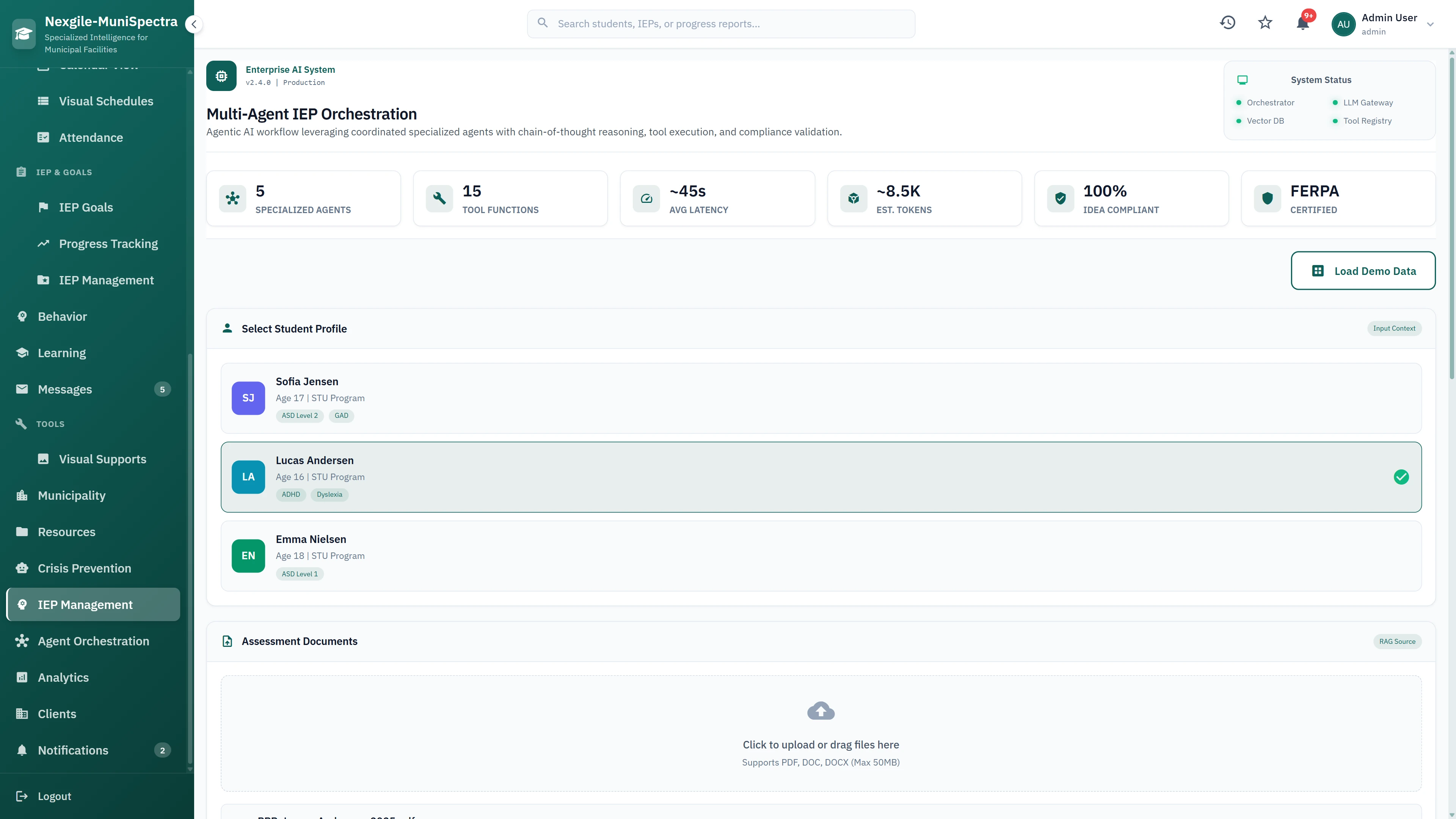 Multi-Agent IEP Orchestration - Student profile selection with STU program participants, assessment document upload, and FERPA-certified system status