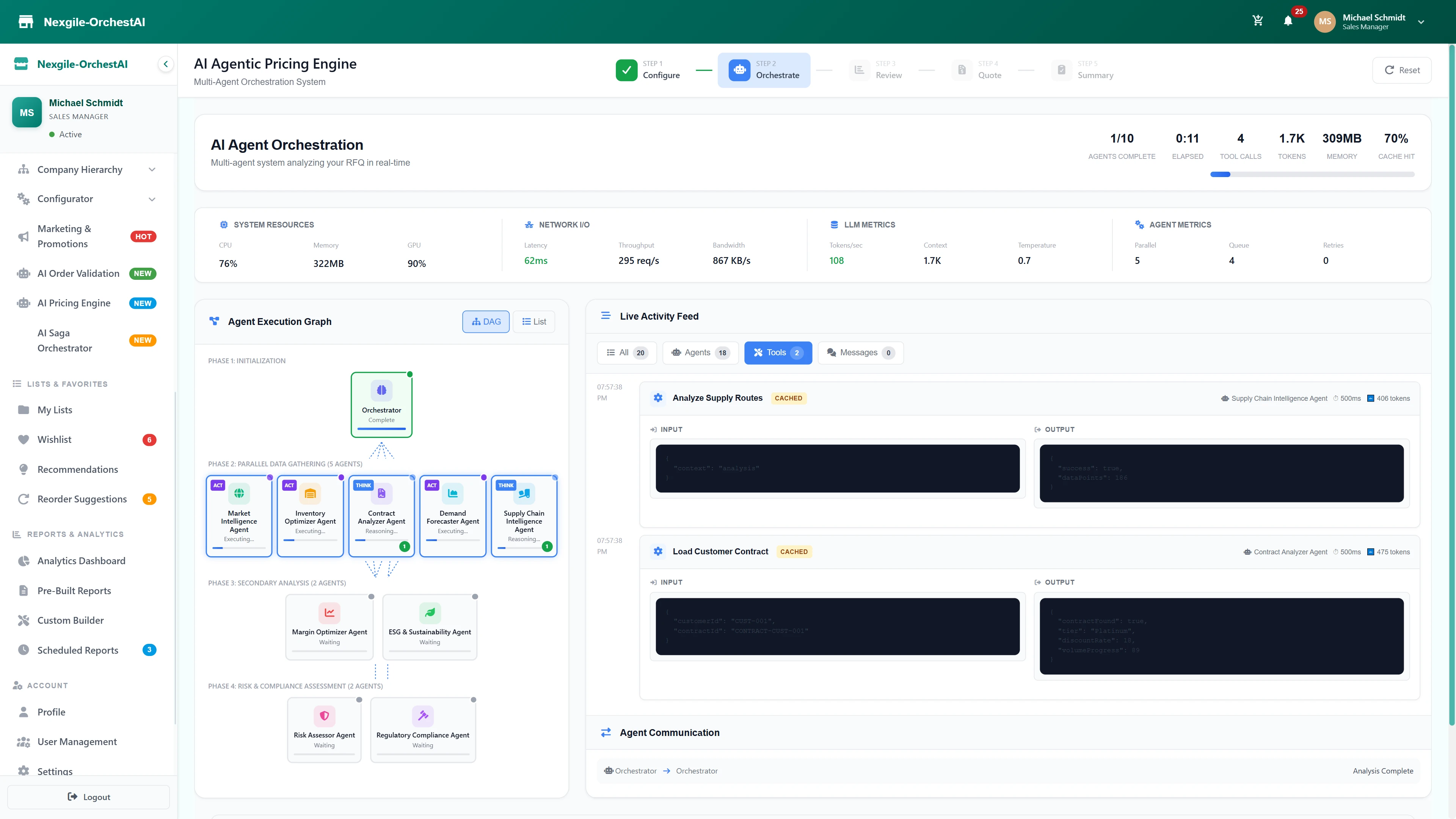 Agent Orchestration Dashboard - Real-time system metrics, multi-phase execution graph, live activity feed with tool executions, and agent performance tracking