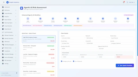 Agentic AI Risk Assessment - Workflow configuration interface with claim intake, preset selection, and enhanced features including GLP-1 fraud detection and telehealth analysis
