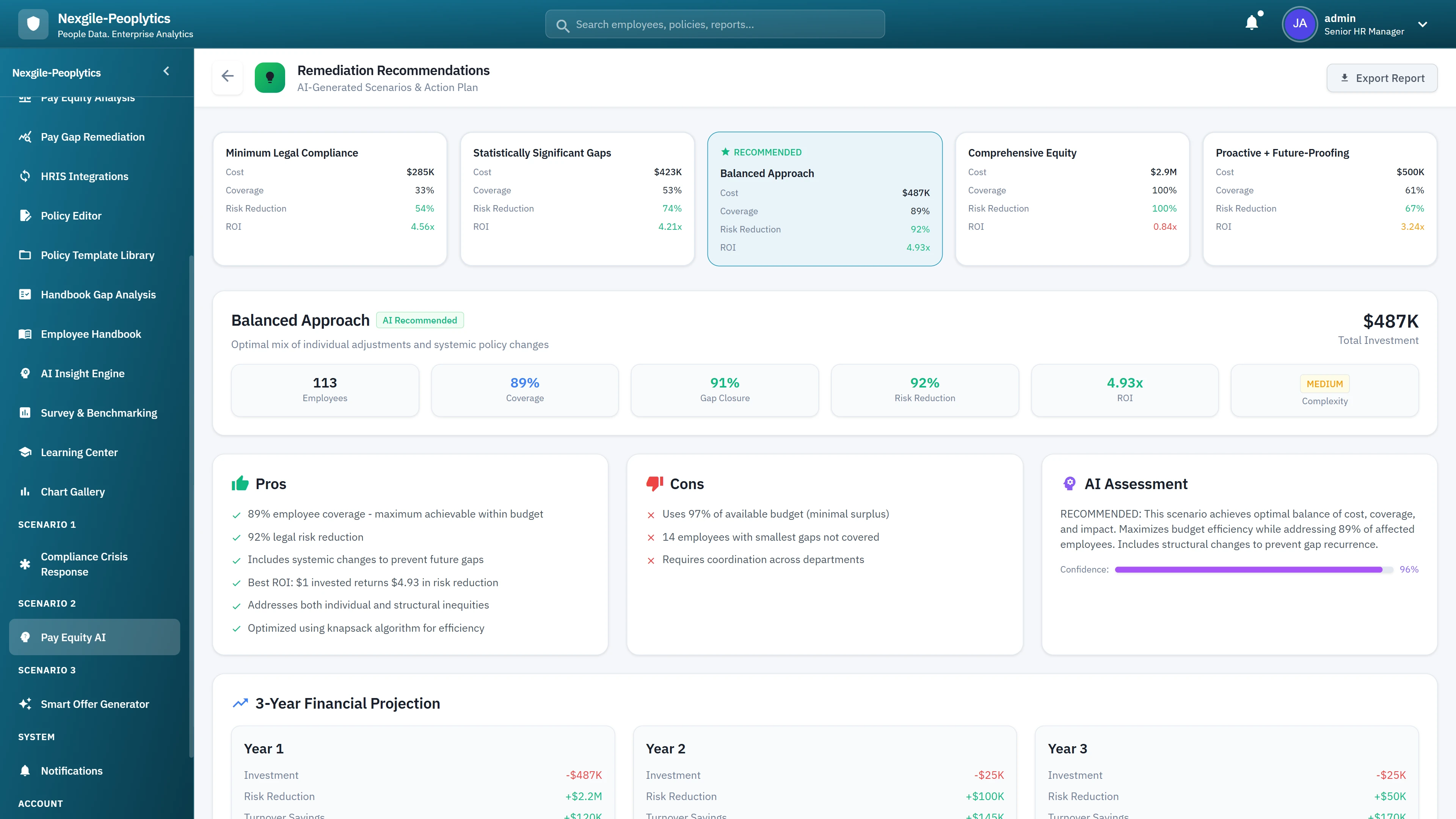 Remediation Recommendations - Multiple remediation approaches comparison with pros/cons, AI assessment, and 3-year financial projection