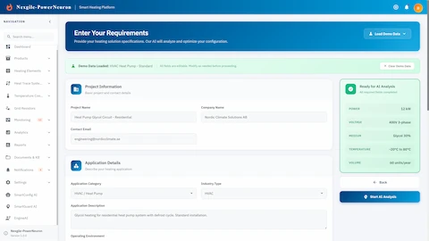 Requirements input form for heating solution configuration with AI analysis preview.