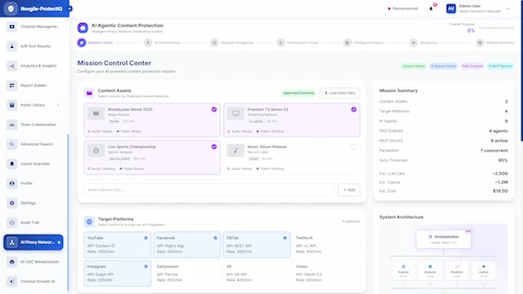 Mission Control Center for configuring AI-powered content protection with content assets, target platforms, and multi-agent system architecture