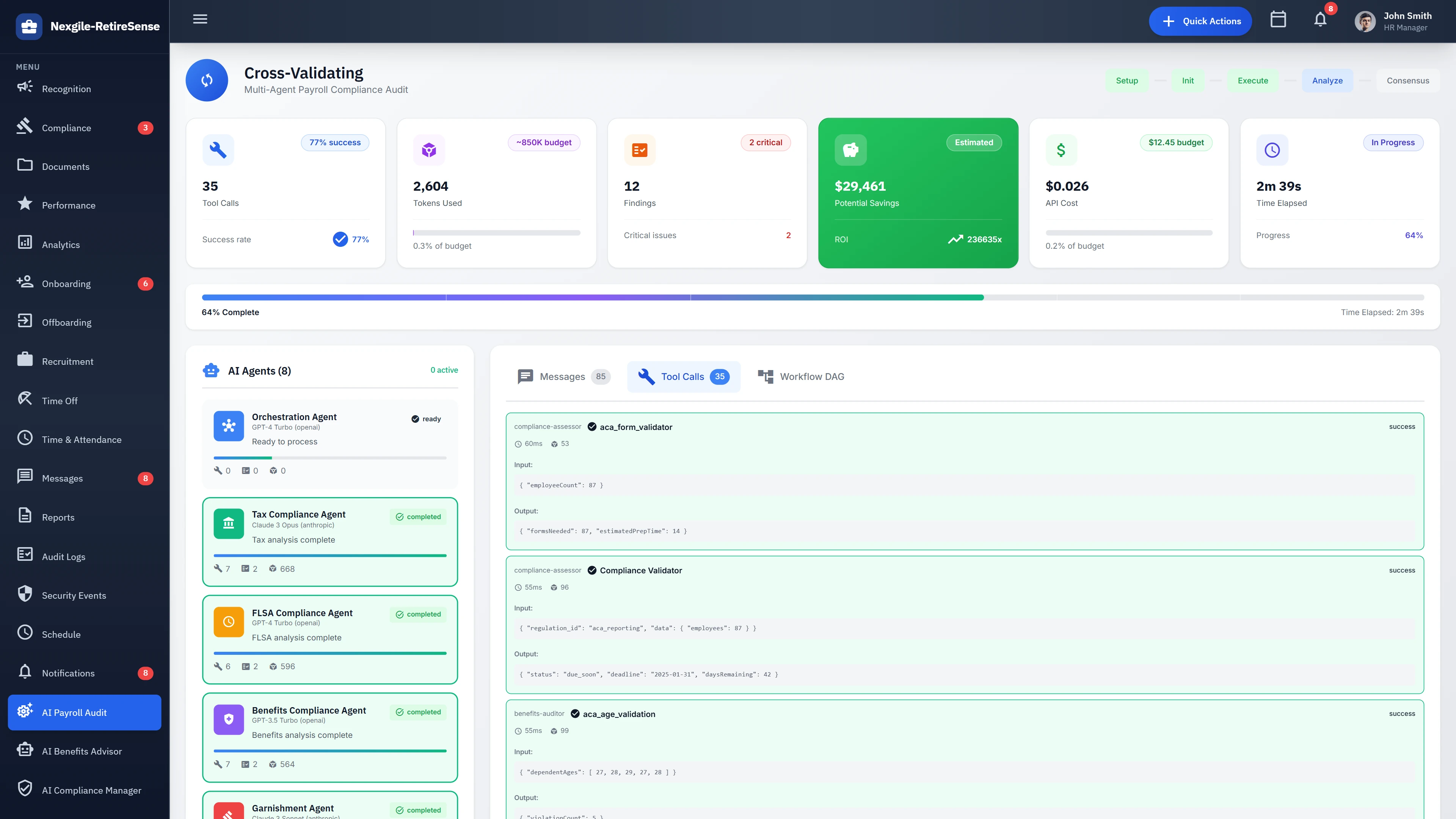 Cross-Validation Dashboard - Multi-agent collaboration with real-time audit progress and potential savings