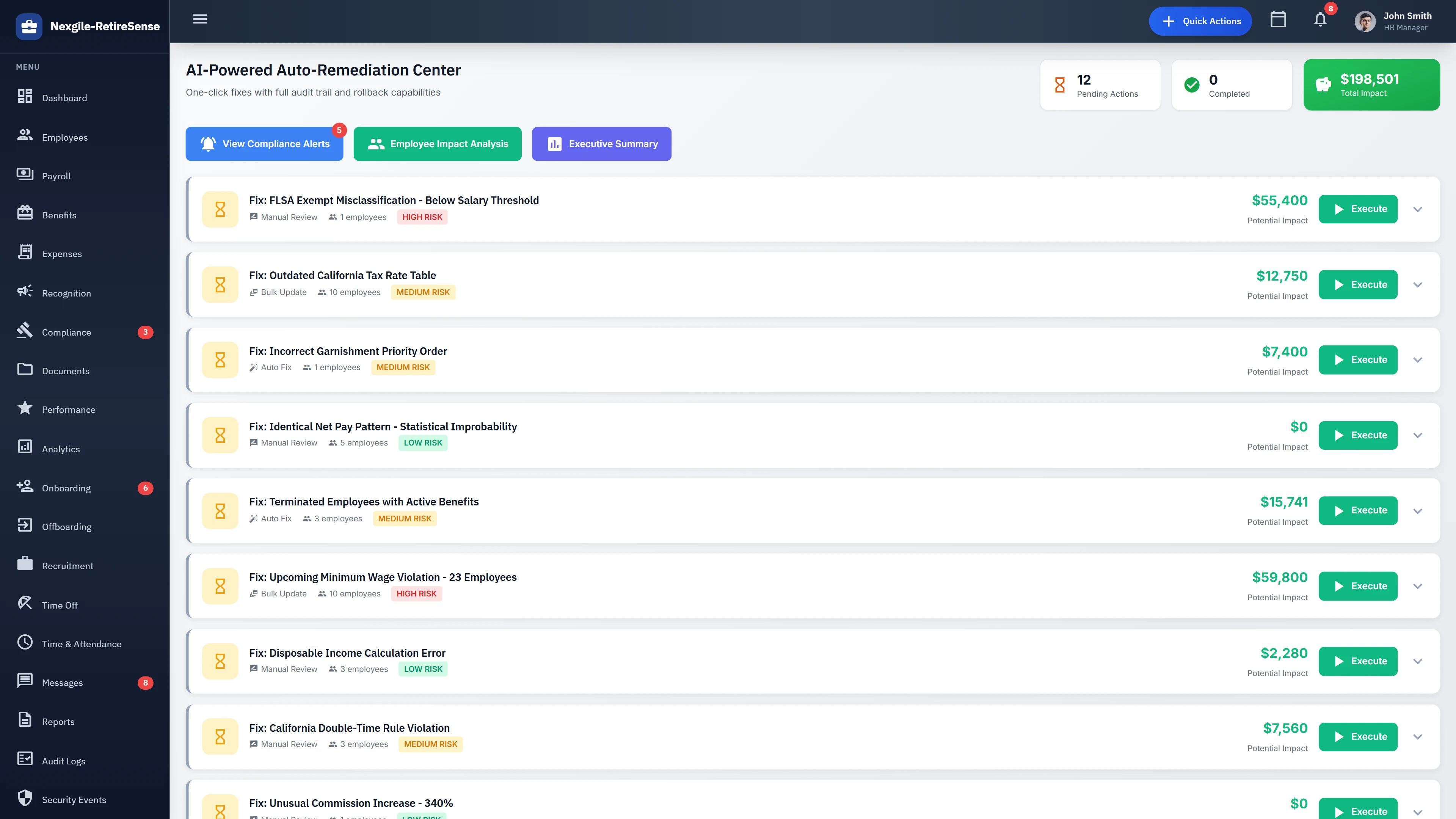 Auto-Remediation Center - Compliance alerts with one-click fix options and financial impact