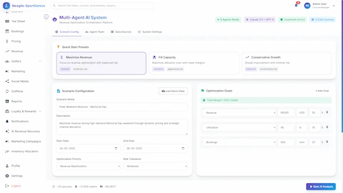 Scenario Configuration - Quick start presets and detailed optimization goal setup with weighted targets for revenue, utilization, and bookings