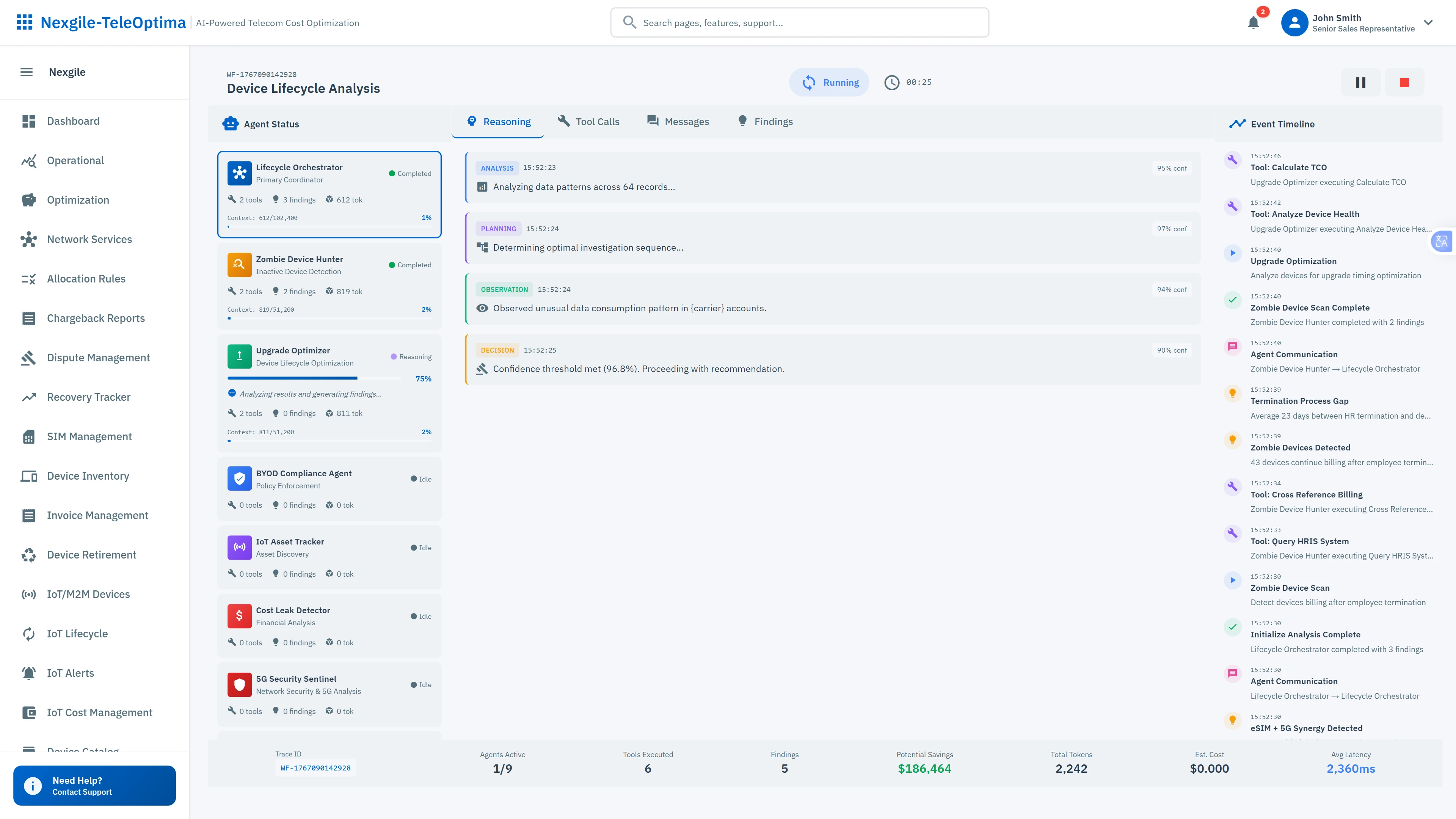 Device Lifecycle Analysis Execution - Live agent status tracking with reasoning streams and event timeline