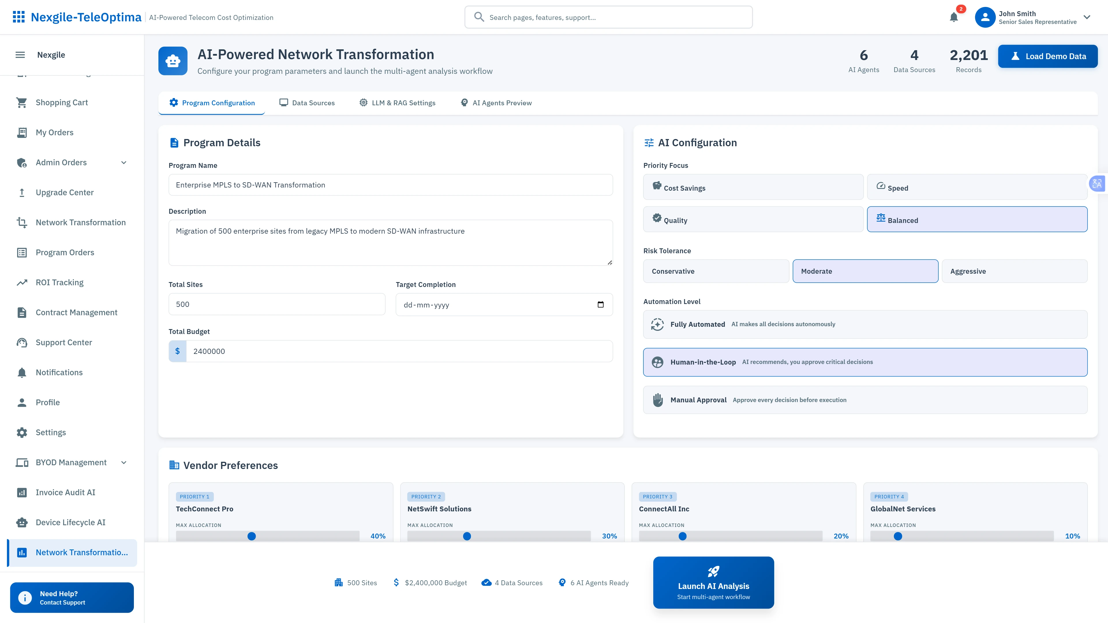 Program Configuration Interface - Define transformation scope, AI automation levels, risk tolerance, and vendor preferences