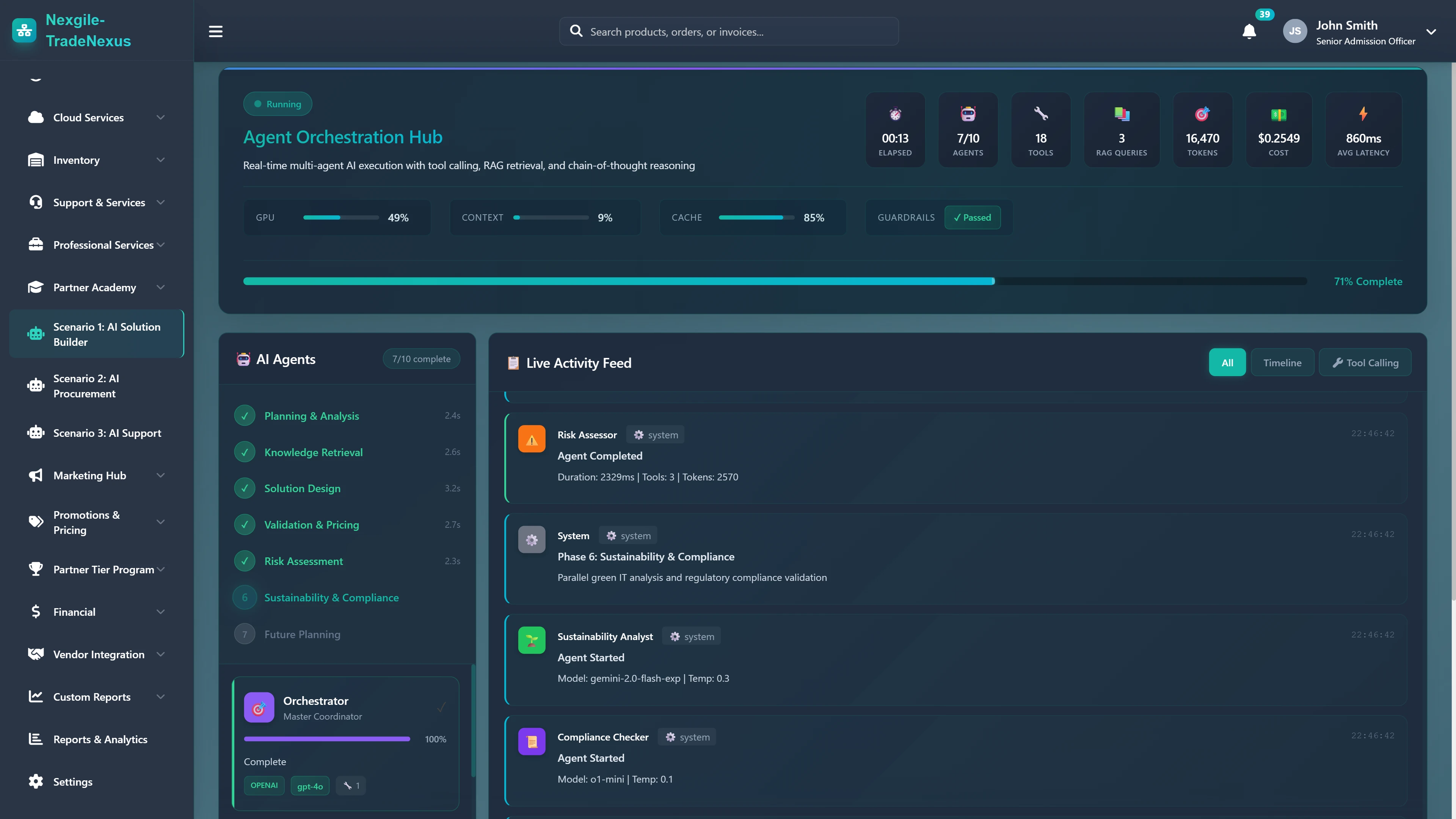 Agent Orchestration Hub - Real-time multi-agent execution with live activity feed, progress tracking, and system metrics