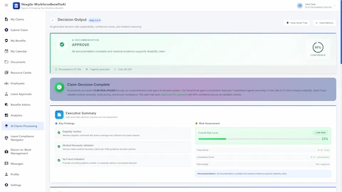 Decision Output Interface - AI-generated claim recommendation with 95% confidence score, executive summary displaying key findings including eligibility verification, medical necessity validation, fraud analysis, and risk assessment at 23% (low risk)
